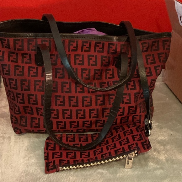 Fendi Red and Black Logo Canvas Tote with Matching Pouch 12X8 inch - Picture 3 of 12